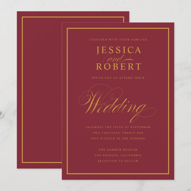 Elegant Script Gold Border Merlot Burgundy Wedding Invitation (Front/Back)