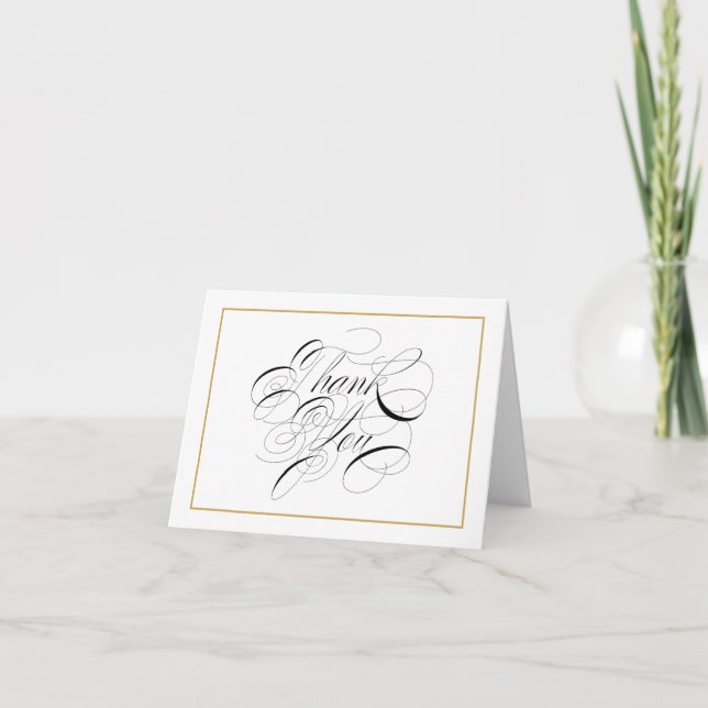 Elegant Script Gold Border Thank You Note Card (Front)