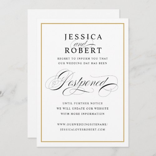 Elegant Script Gold Border Wedding Postponed Invitation