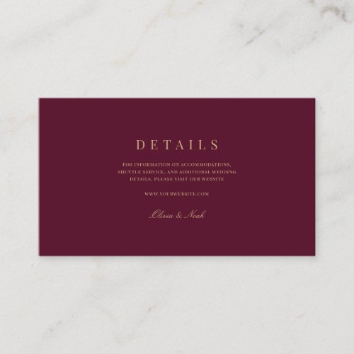 Elegant Script Gold  burgundy Wedding Details  Enclosure Card