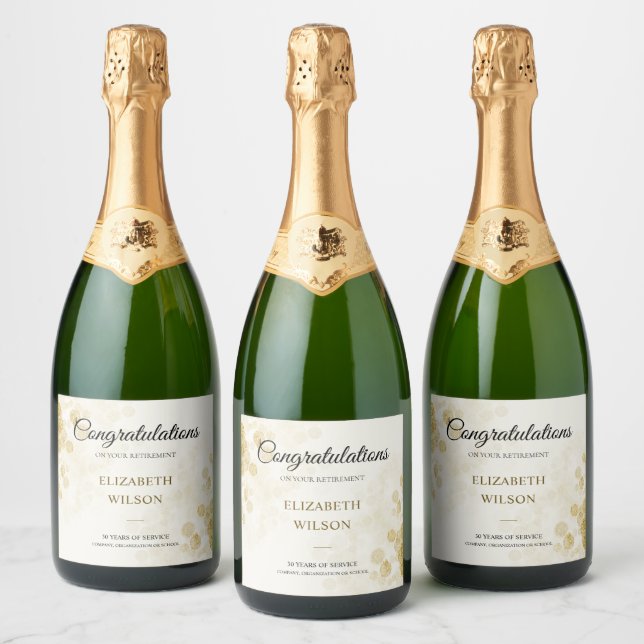 Elegant Script Gold Confetti Retirement Party  Sparkling Wine Label (Bottles)