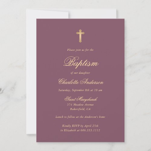 Elegant Script Gold Cross Baptism Invitation
