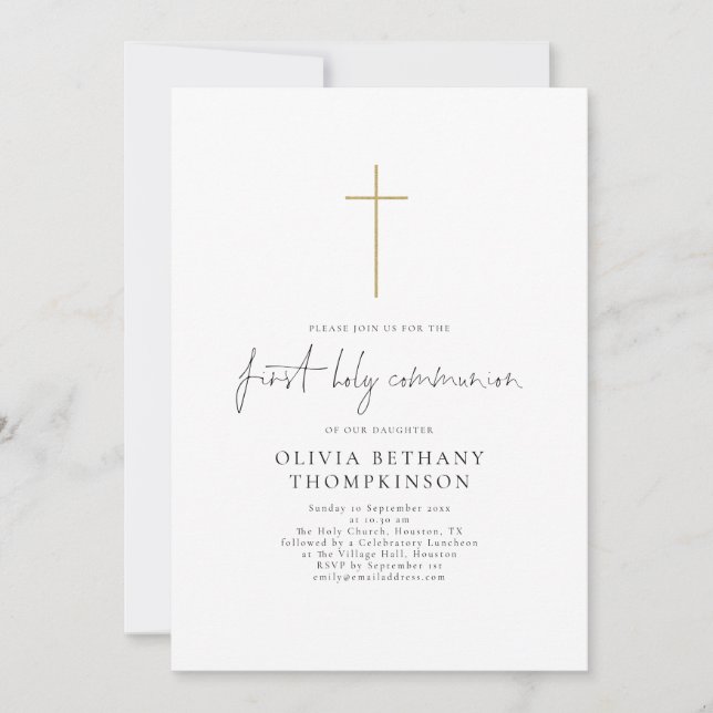 Elegant Script Gold Cross First Holy Communion Invitation (Front)