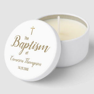 Elegant script Gold Cross White Custom Baptism  Mini Candle Favors