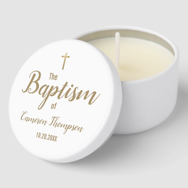 Elegant script Gold Cross White Custom Baptism  Mini Candle Favors (Corner)