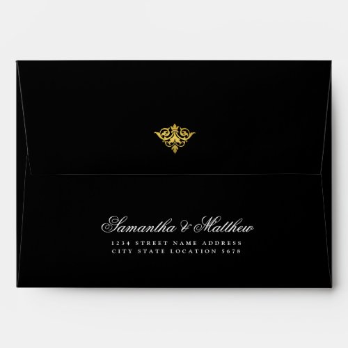 Elegant Script Gold Damask Black Formal Wedding Envelope