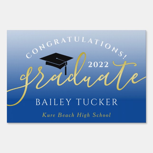 Elegant Script Gold Dark Blue Graduation Yard Sign (Front)