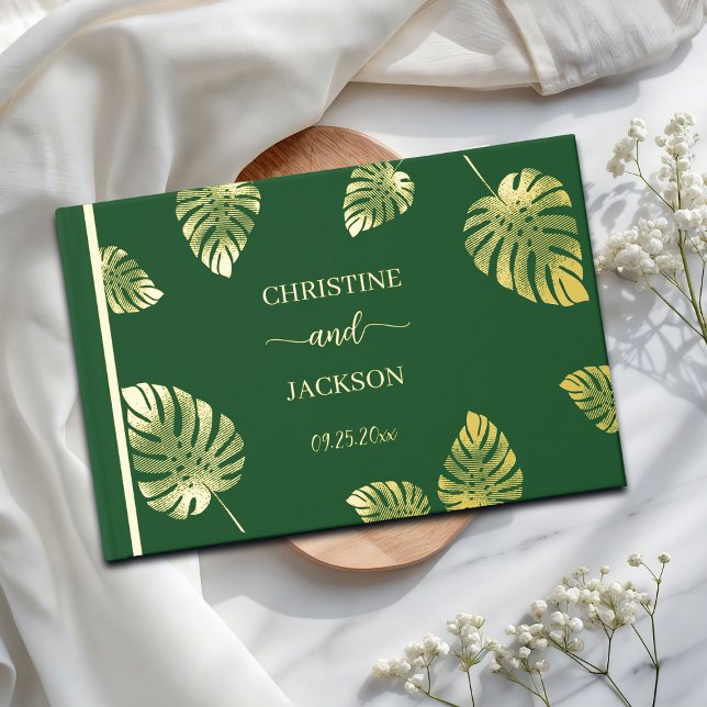 Elegant Script Gold Exotic Leaves Wedding Foil Guest Book (Creator Uploaded)