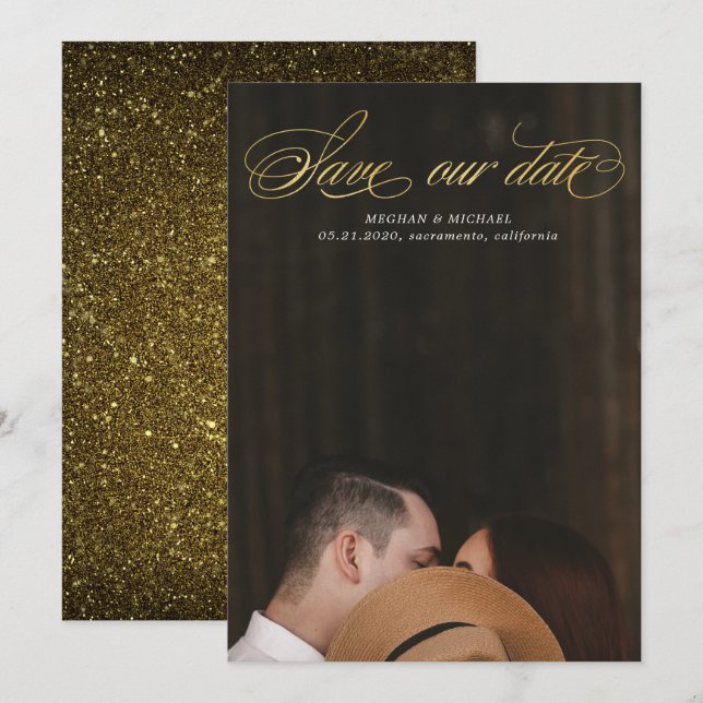 elegant script gold faux foil Photo Save the Date Invitation (Front/Back)