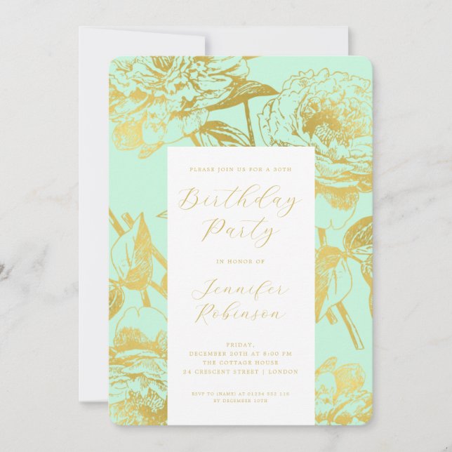 Elegant Script Gold Floral Birthday Party Mint  Invitation (Front)