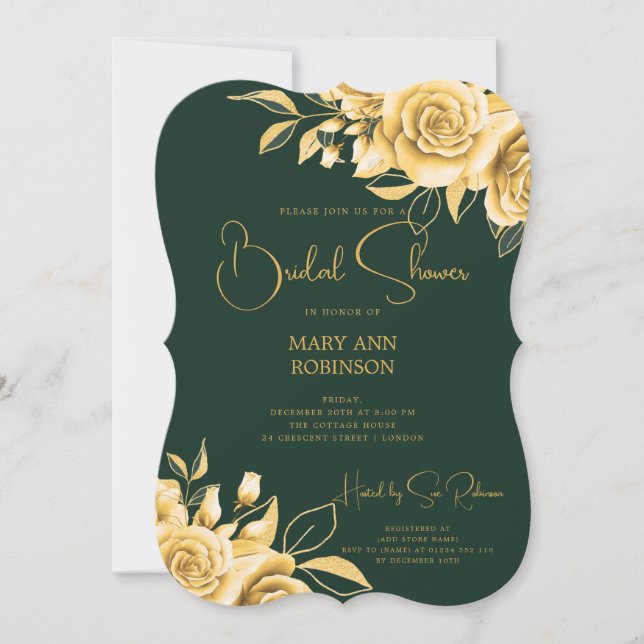Elegant Script Gold Floral Bridal Shower Emerald Invitation (Front)