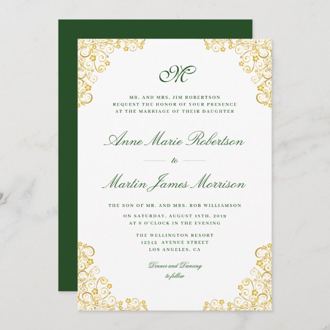 Elegant script gold floral wedding invitation (Front/Back)