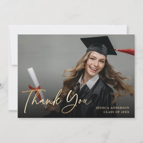 Elegant Script Gold Foil Modern Photo Graduation Thank You Card