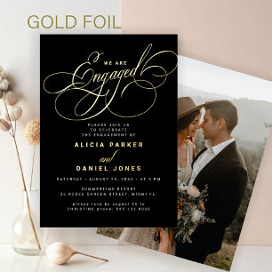 Elegant script gold foil photo engagement party foil invitation