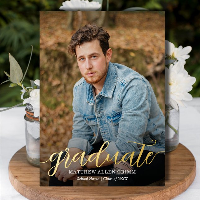 Elegant Script Gold Foil Photo Graduation Foil Invitation (Elegant script REAL gold foil graduation announcements with your details on the back)