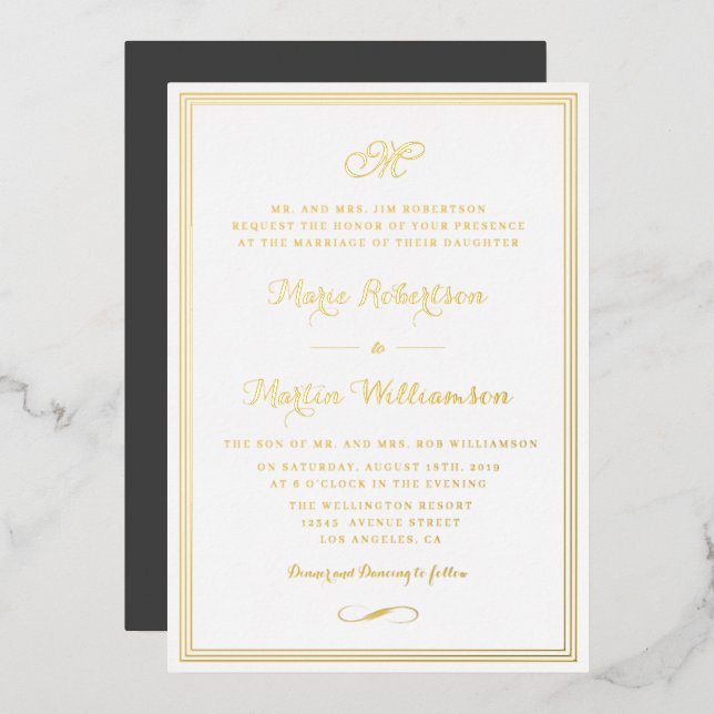 Elegant script gold frame wedding invitation foil invitation (Front/Back)