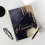 Elegant Script Gold Glitter Drips Navy Watercolor Planner<br><div class="desc">An elegant and glamorous personalized planner. The design features a dark moody ink watercolor texture background with accents of gold. A faux glitter drip graphic is added to the top of the notebook. Customize with your own text,  name,  and year.</div>