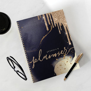 Elegant Script Gold Glitter Drips Navy Watercolor Planner