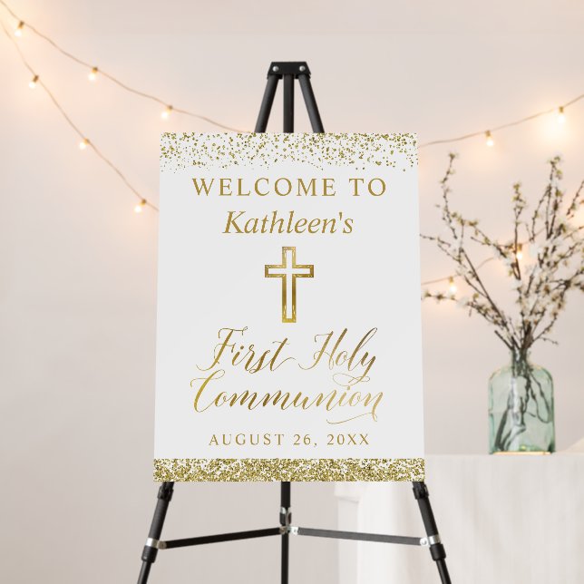 Elegant Script Gold Glitter First Holy Communion Foam Board (In Situ (Stand))