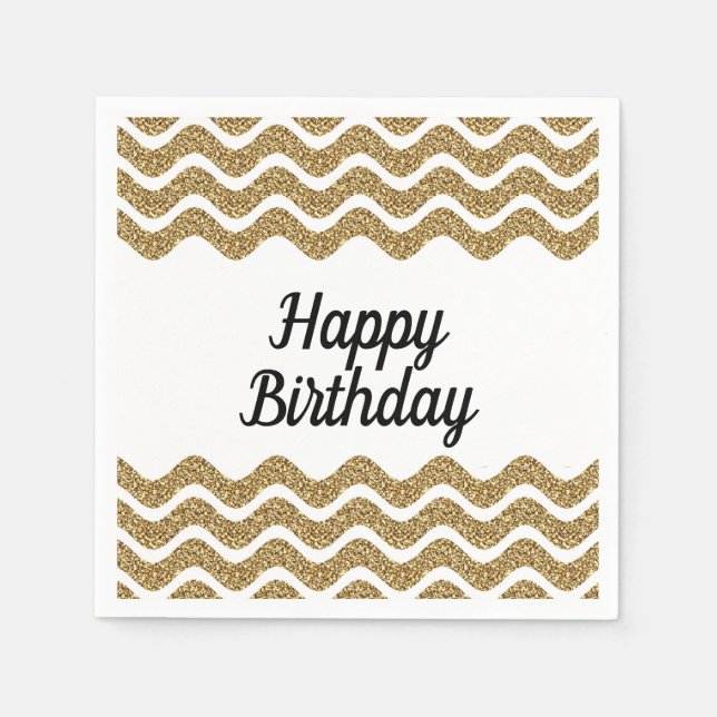 Elegant Script Gold Glitter Happy Birthday Napkins (Front)