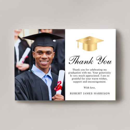 Elegant Script Gold Grad Cap Photo Graduation Thank You Card