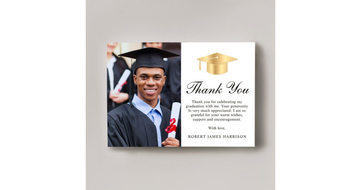 Elegant Script Gold Grad Cap Photo Graduation Thank You Card | Zazzle