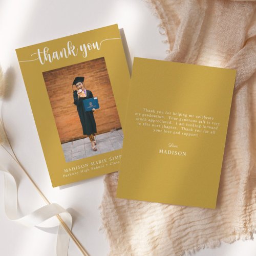Elegant Script Gold Graduation Photo Thank You Note Card