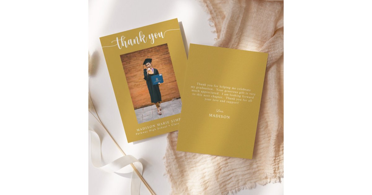 Elegant Script Gold Graduation Photo Thank You Note Card | Zazzle