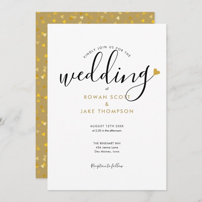 Elegant Script Gold Heart Wedding Invitation (Front/Back)