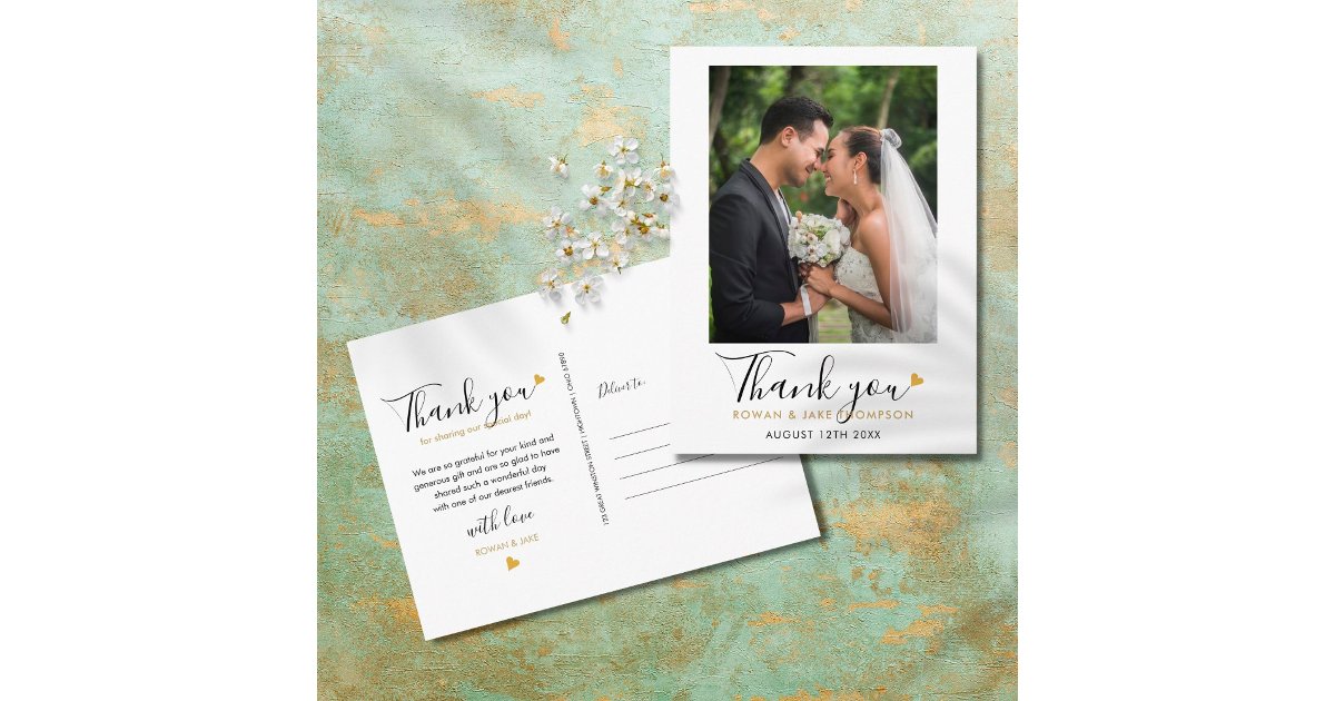 Elegant Script Gold Heart Wedding Photo Thank You Postcard | Zazzle
