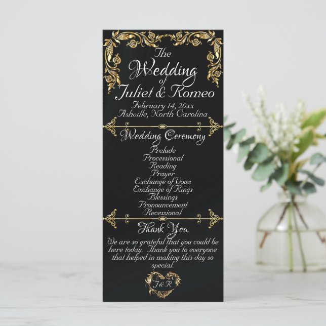 Elegant Script & Gold Leaves - Black Wedding Program (Standing Front)