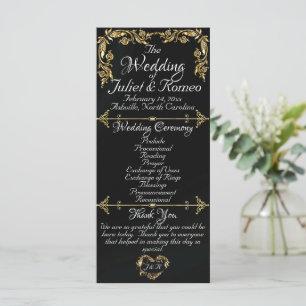 Elegant Script & Gold Leaves - Black Wedding Program