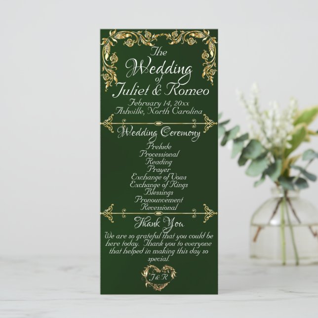 Elegant Script & Gold Leaves - Emerald Wedding Program (Standing Front)