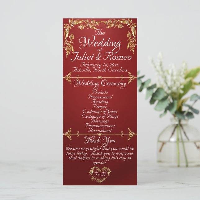 Elegant Script & Gold Leaves - Ruby Wedding Program (Standing Front)