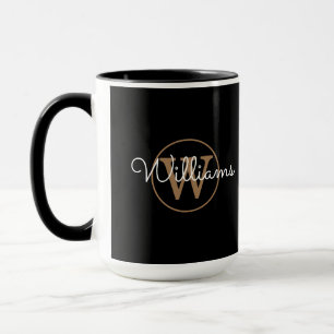 Elegant Script Gold Monogram Black Mug