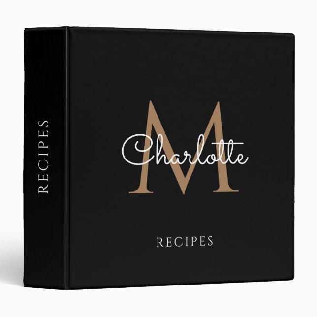 Elegant Script Gold Monogram Black Recipe 3 Ring Binder (Front/Spine)