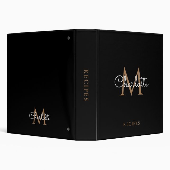 Elegant Script Gold Monogram Black Recipe 3 Ring Binder (Background)