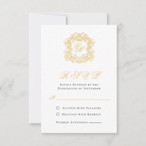 Elegant Script Gold Monogram Crest Wedding RSVP Card