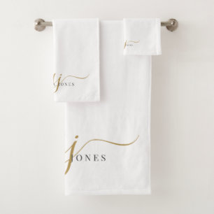 Elegant Script Gold Monogram Initials Name Bath Towel Set