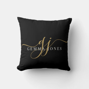 Elegant Script Gold Monogram Initials Name Black Throw Pillow