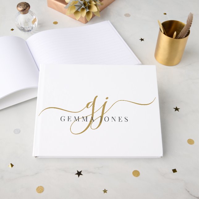 Elegant Script Gold Monogram Initials Name  Guest Book (Front Open)