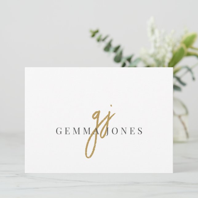 Elegant Script Gold Monogram Initials Name  Note Card (Standing Front)