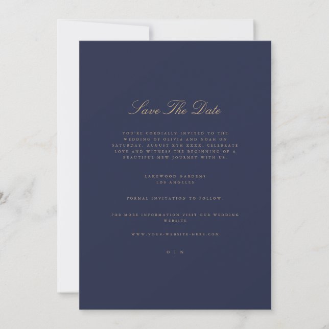 Elegant Script Gold & Navy Save The Date Card (Front)