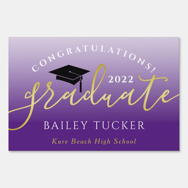 Elegant Script Gold Purple Graduation Yard Sign (Front)
