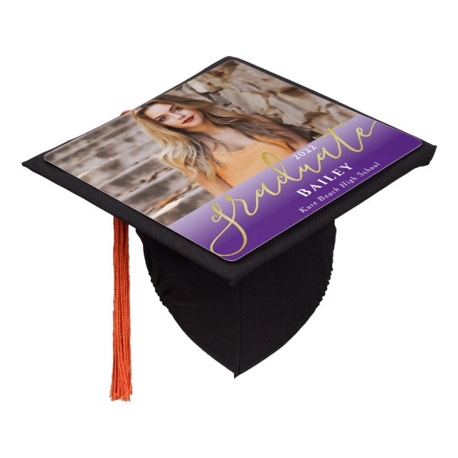 Elegant Script Gold Purple Ombre Photo Graduation Cap Topper (Angled)