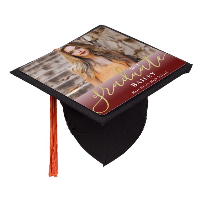 Elegant Script Gold Red Burgundy Ombre Photo Graduation Cap Topper (Angled)