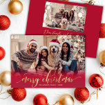 Elegant Script Gold Script Red 2 Photo Christmas Holiday Card<br><div class="desc">Modern Elegant Script Red and Gold 2 Photo Merry Christmas Holiday Card. This festive holiday card features two photo, a stylish whimsical ‘Merry Christmas’ greeting in elegant hand-lettered calligraphy on front (red gradient) photo overlay. The text is displayed in a faux gold brush script with swashes, beautifully set against a...</div>
