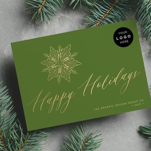 Elegant script gold snowflake LOGO business  Holiday Card