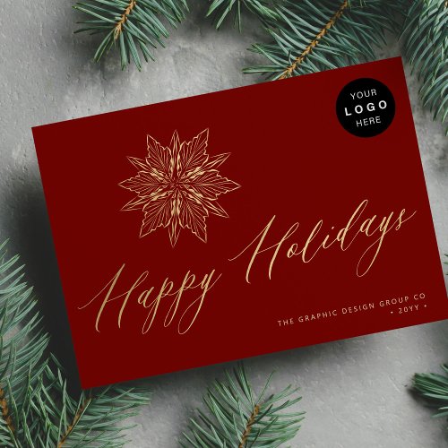 Elegant script gold snowflake LOGO business  Holiday Card