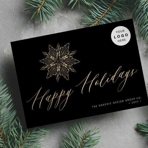 Elegant script gold snowflake LOGO business  Holiday Card